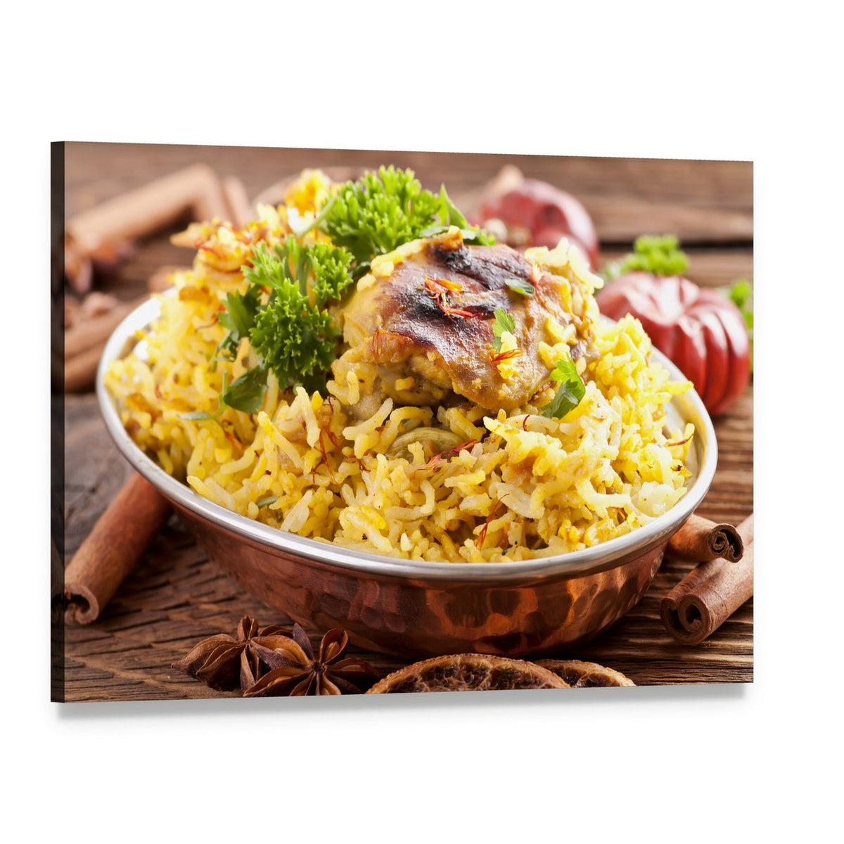 Chicken Biryani with Copper Bowl Canvas Wall Art, single panel gallery wrapped canvas, angled product view