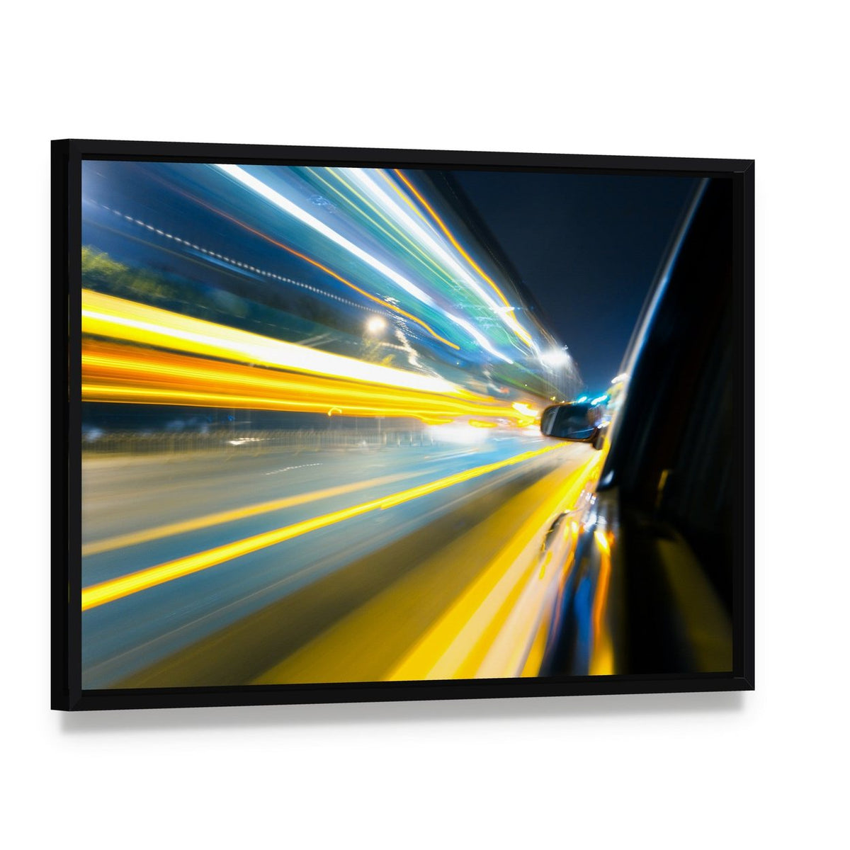 Car Side View Canvas Wall Art, framed canvas in a black floater frame, angled product view
