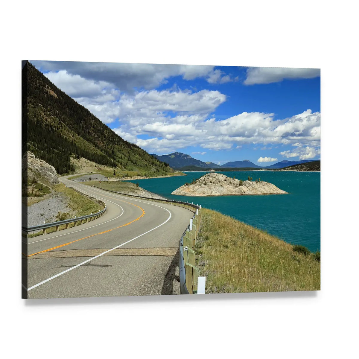 Winding Road and Turquoise Lake Canvas Wall Art, single panel gallery wrapped canvas, angled product view