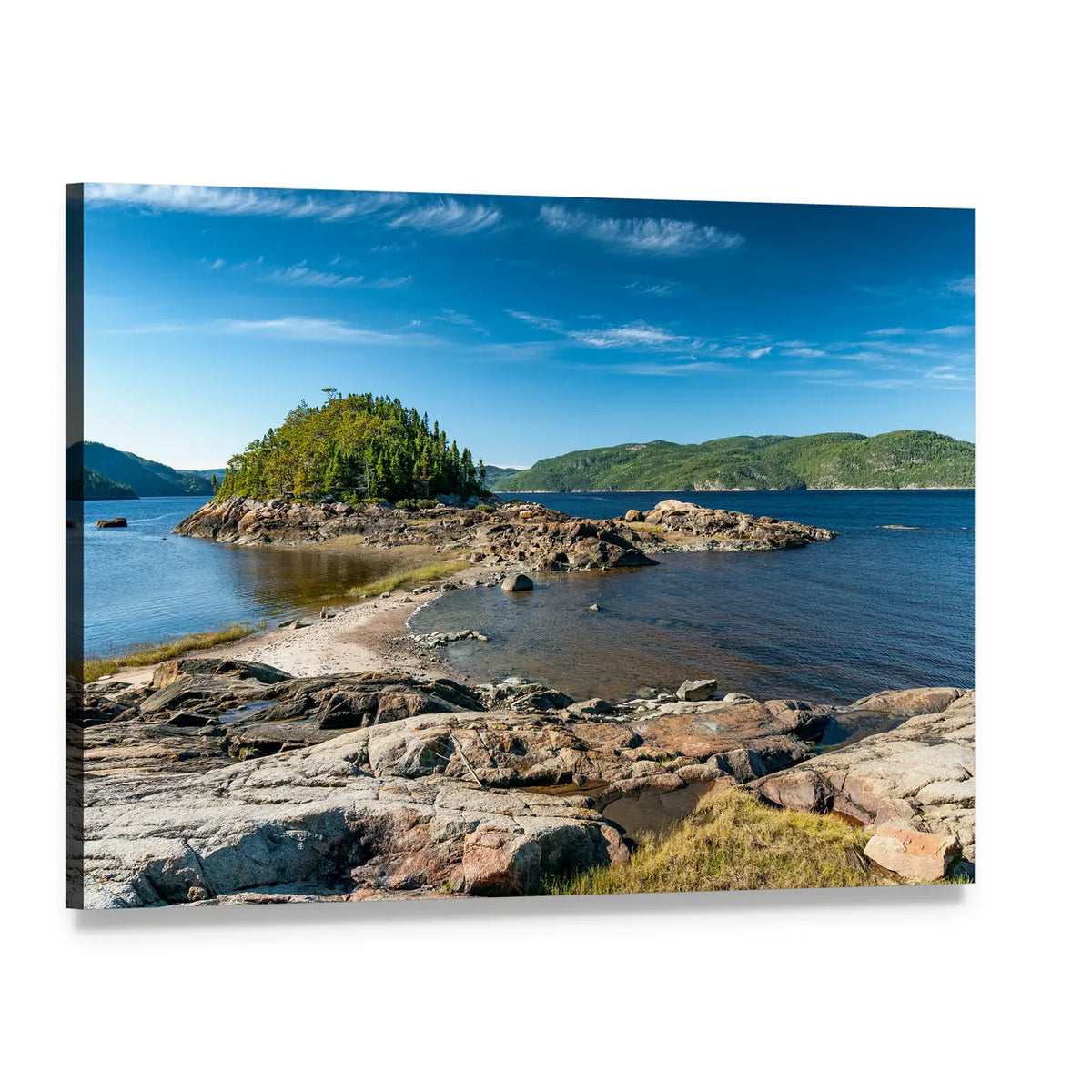 Saguenay Fjord Coastal Island Landscape Canvas Wall Art, single panel gallery wrapped canvas, angled product view