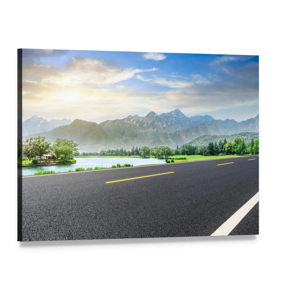Asphalt Road by Lake and Mountains Canvas Wall Art, single panel gallery wrapped canvas, angled product view
