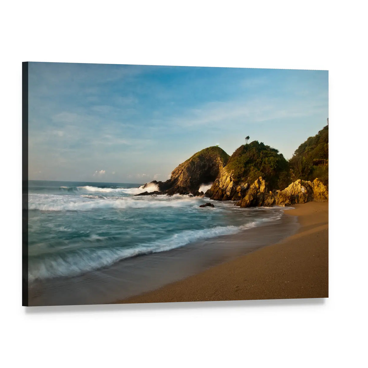 Sandy Beach with Rocky Cliffs at Sunrise Canvas Wall Art, single panel gallery wrapped canvas, angled product view