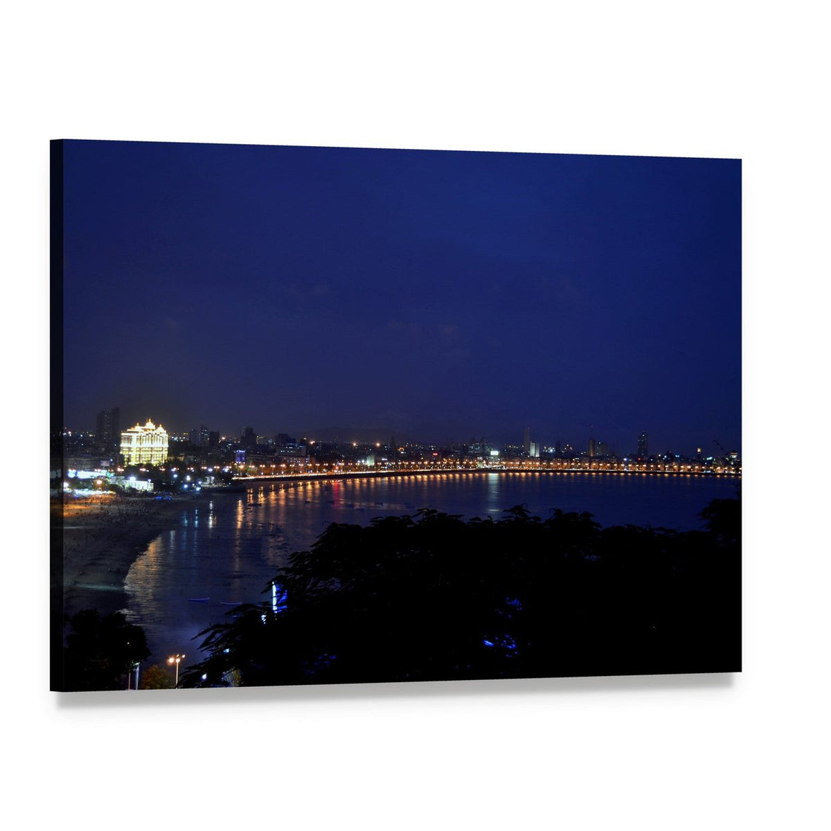 Marine Drive Mumbai Night Skyline Canvas Wall Art, single panel gallery wrapped canvas, angled product view