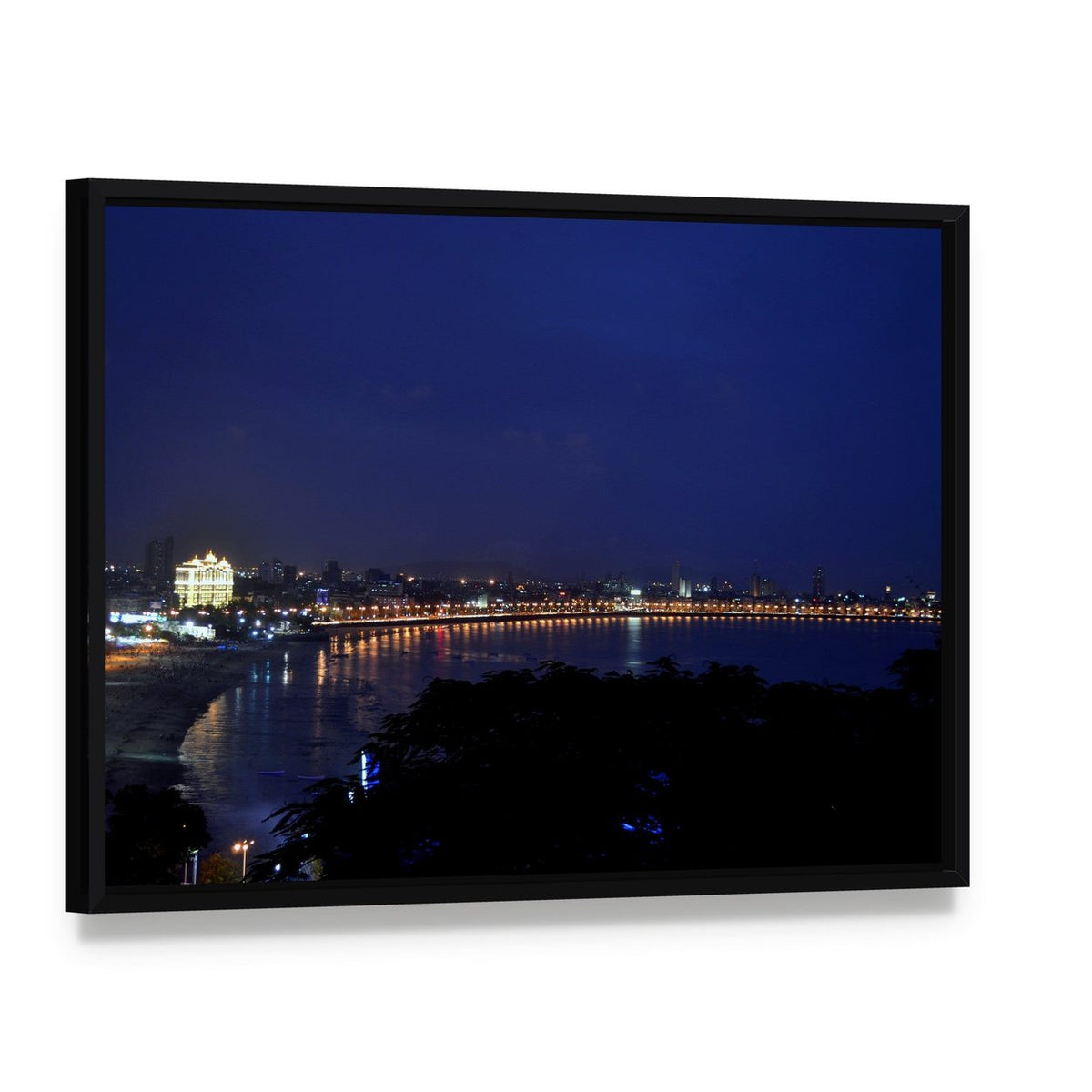 Marine Drive Mumbai Night Skyline Canvas Wall Art, framed canvas in a black floater frame, angled product view