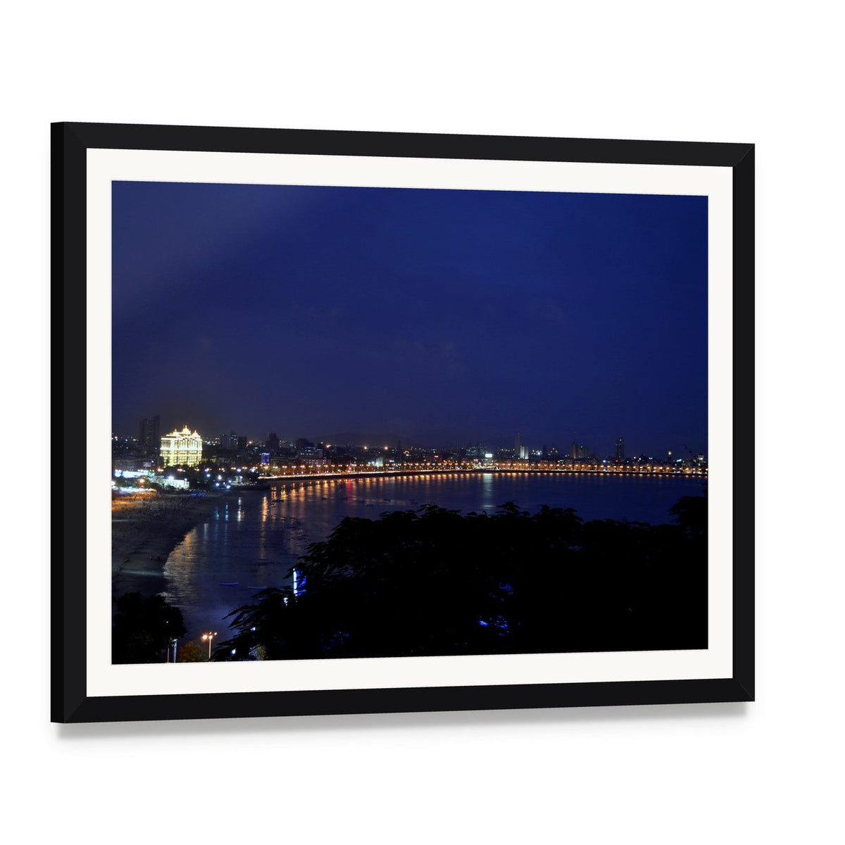 Marine Drive Mumbai Night Skyline Canvas Wall Art, framed print with white mat and black frame, angled product view