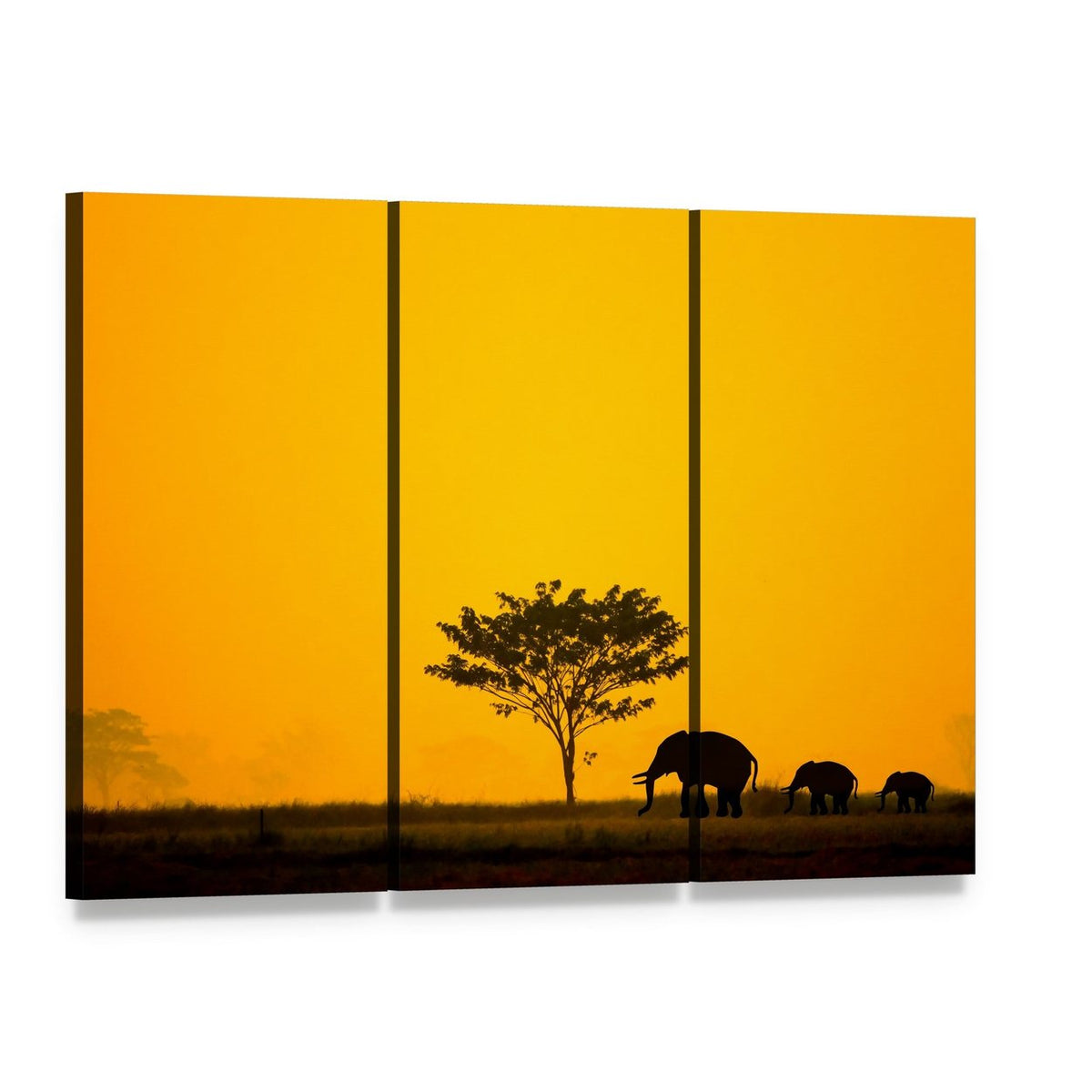 Group of Elephants in Thailand Canvas Wall Art, 3 panel 3 Horizontal layout gallery wrapped canvas set, angled product view