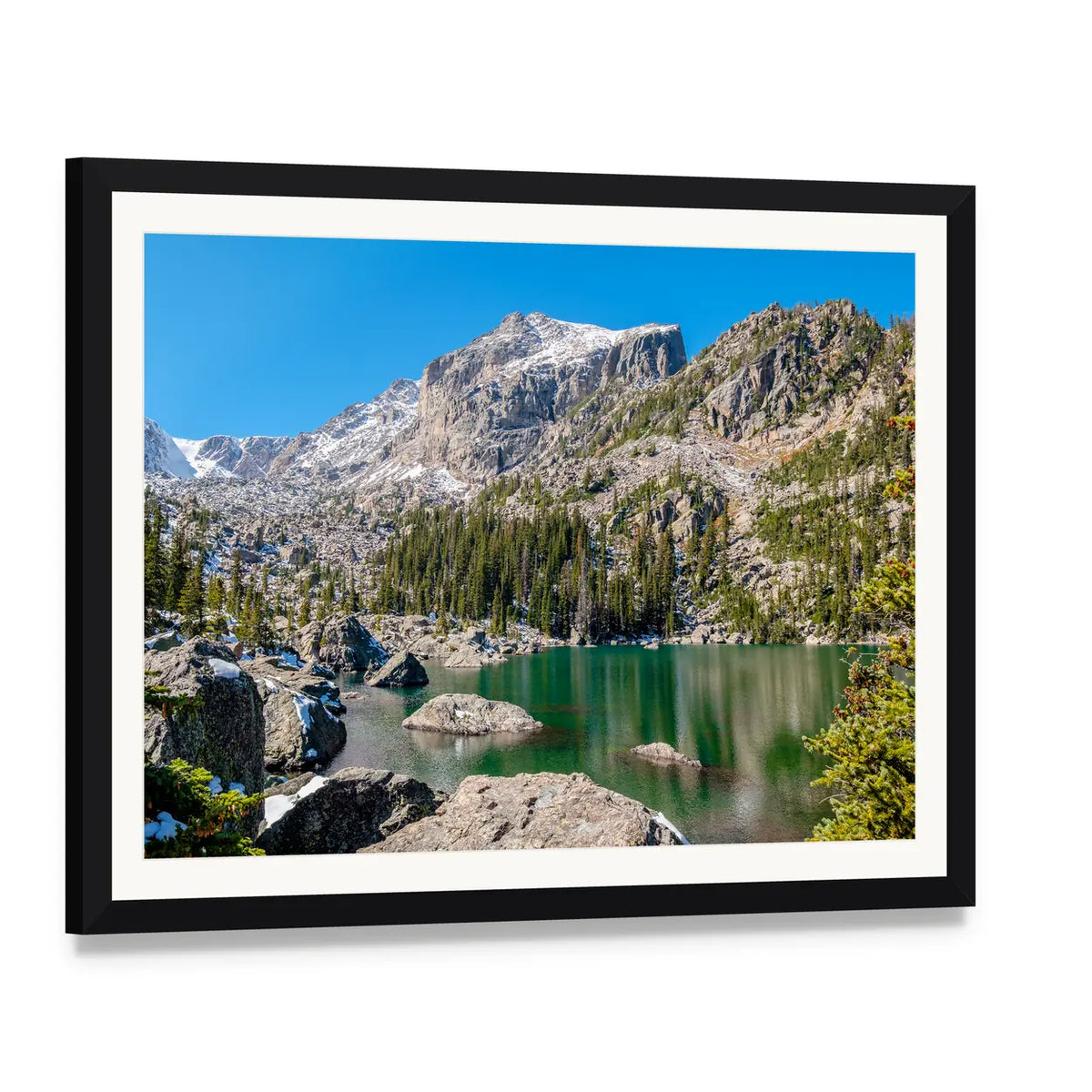 Alpine Lake with Rocky Foreground Canvas Wall Art, framed print with white mat and black frame, angled product view