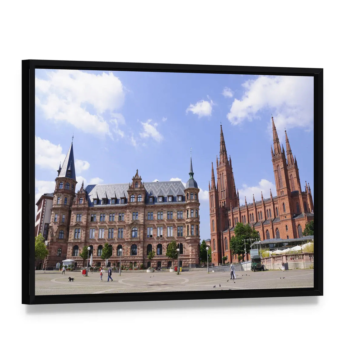 Market Place in Wiesbaden Canvas Wall Art, framed canvas in a black floater frame, angled product view