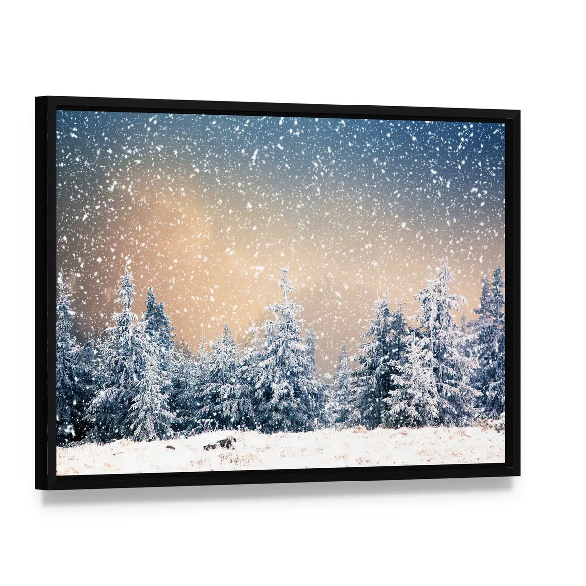 Snowy Fir Trees In The Mountains Canvas Wall Art, framed canvas in a black floater frame, angled product view
