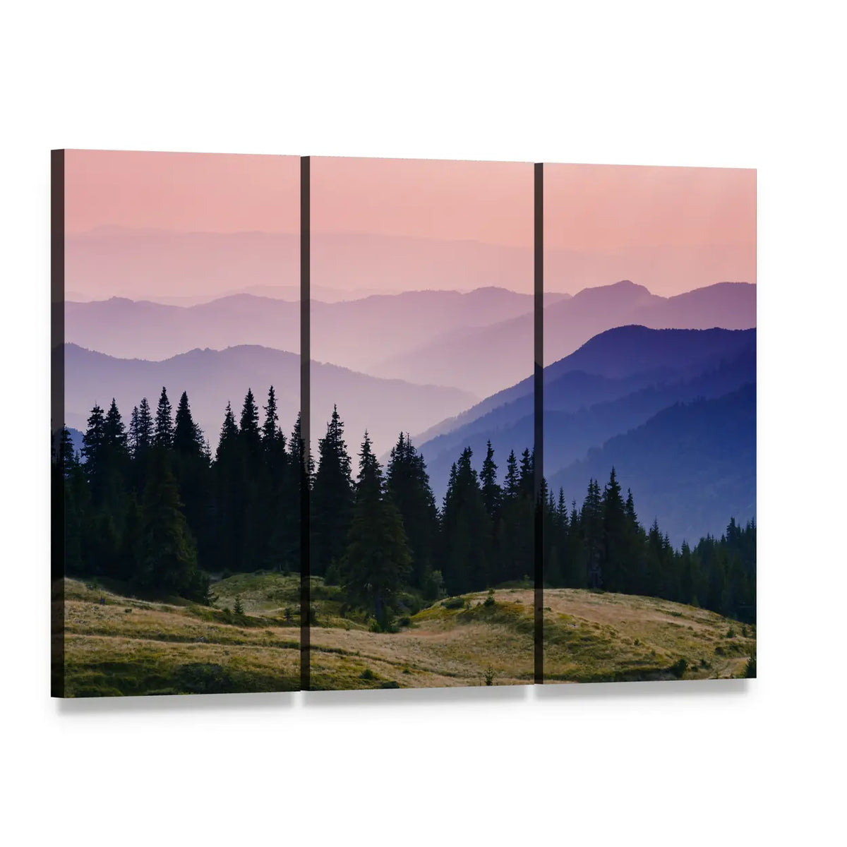 Misty Mountain Morning Canvas Wall Art, 3 panel 3 Horizontal layout gallery wrapped canvas set, angled product view