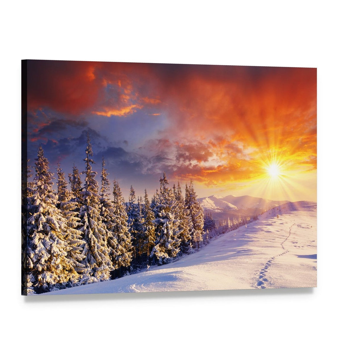 Majestic Sunset in Winter Mountain Canvas Wall Art, single panel gallery wrapped canvas, angled product view