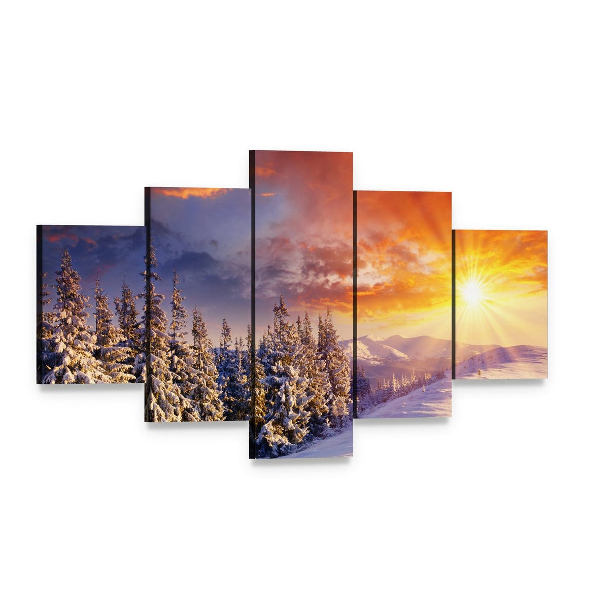 Majestic Sunset in Winter Mountain Canvas Wall Art, 5 panel 5 Star layout gallery wrapped canvas set, angled product view