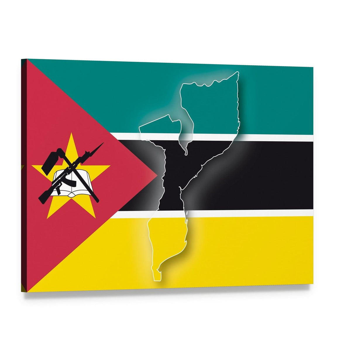 Mozambique Flag with Map Outline Canvas Wall Art, single panel gallery wrapped canvas, angled product view