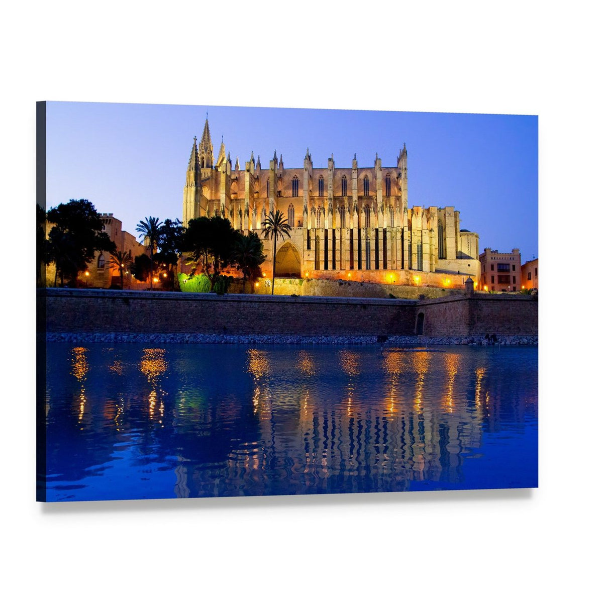 Palma Cathedral at Night Canvas Wall Art, single panel gallery wrapped canvas, angled product view