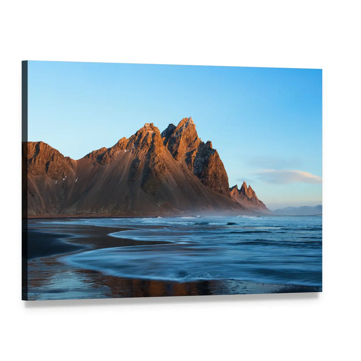 Sunset Over Rocky Peaks and Dark Sand Beach Canvas Wall Art, single panel gallery wrapped canvas, angled product view