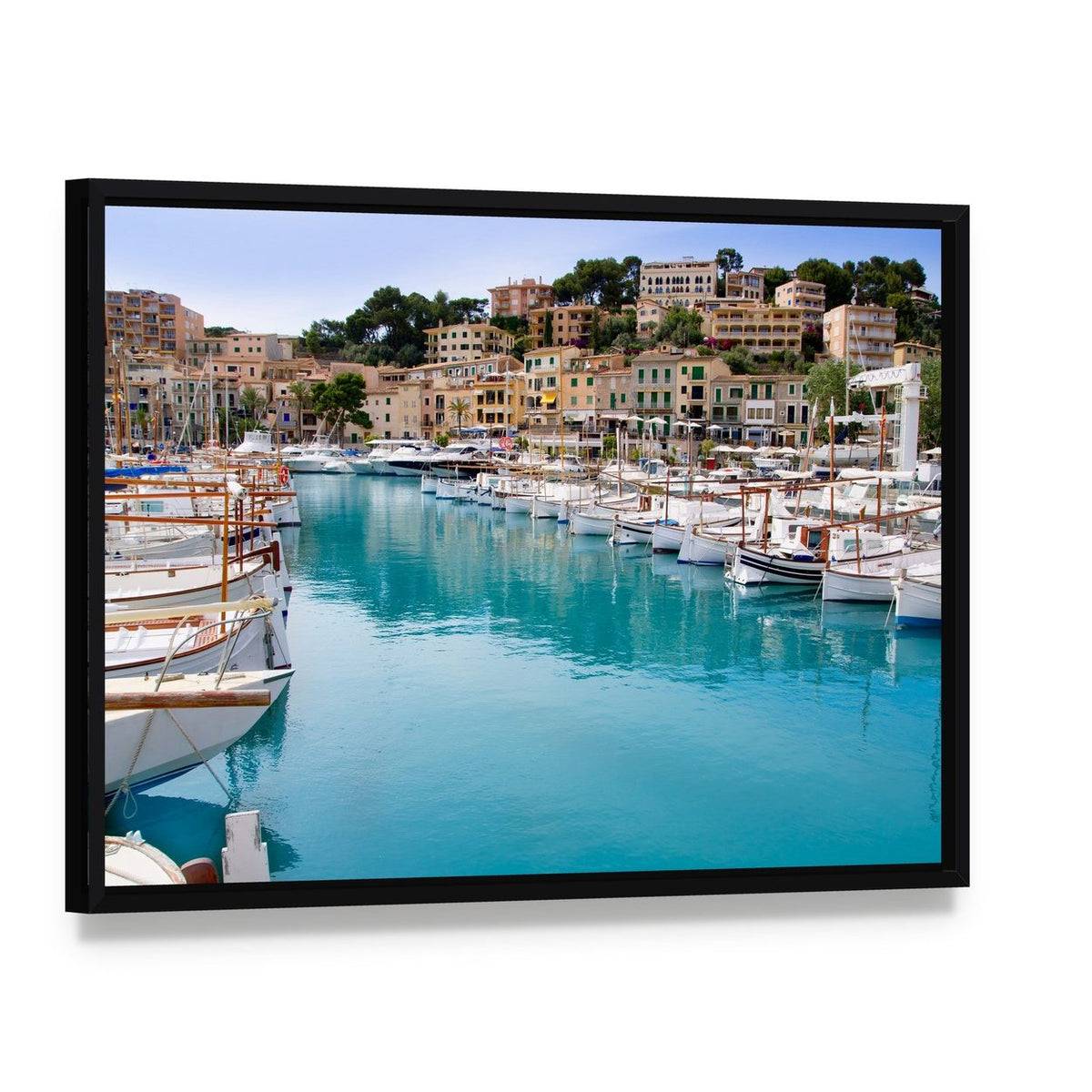 Puerto De Soller Harbor Scene Canvas Wall Art, framed canvas in a black floater frame, angled product view