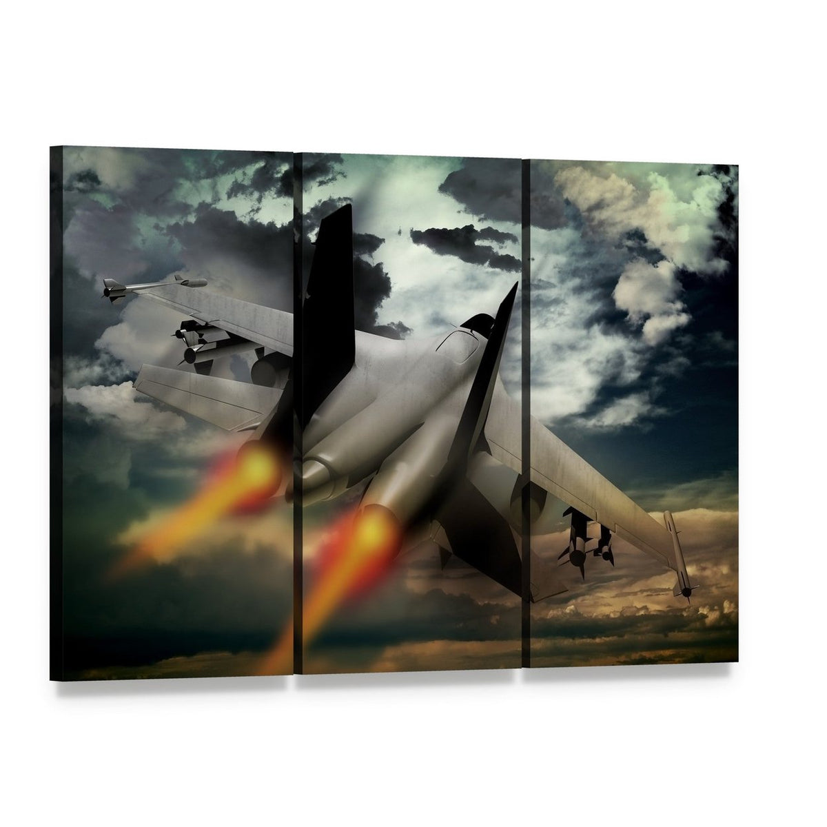 Close-up Fighter Jet in Flight Canvas Wall Art, 3 panel 3 Horizontal layout gallery wrapped canvas set, angled product view