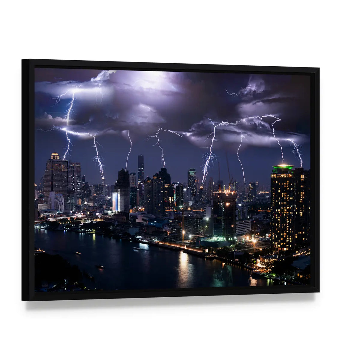 Lightning Over City Skyline Canvas Wall Art, framed canvas in a black floater frame, angled product view