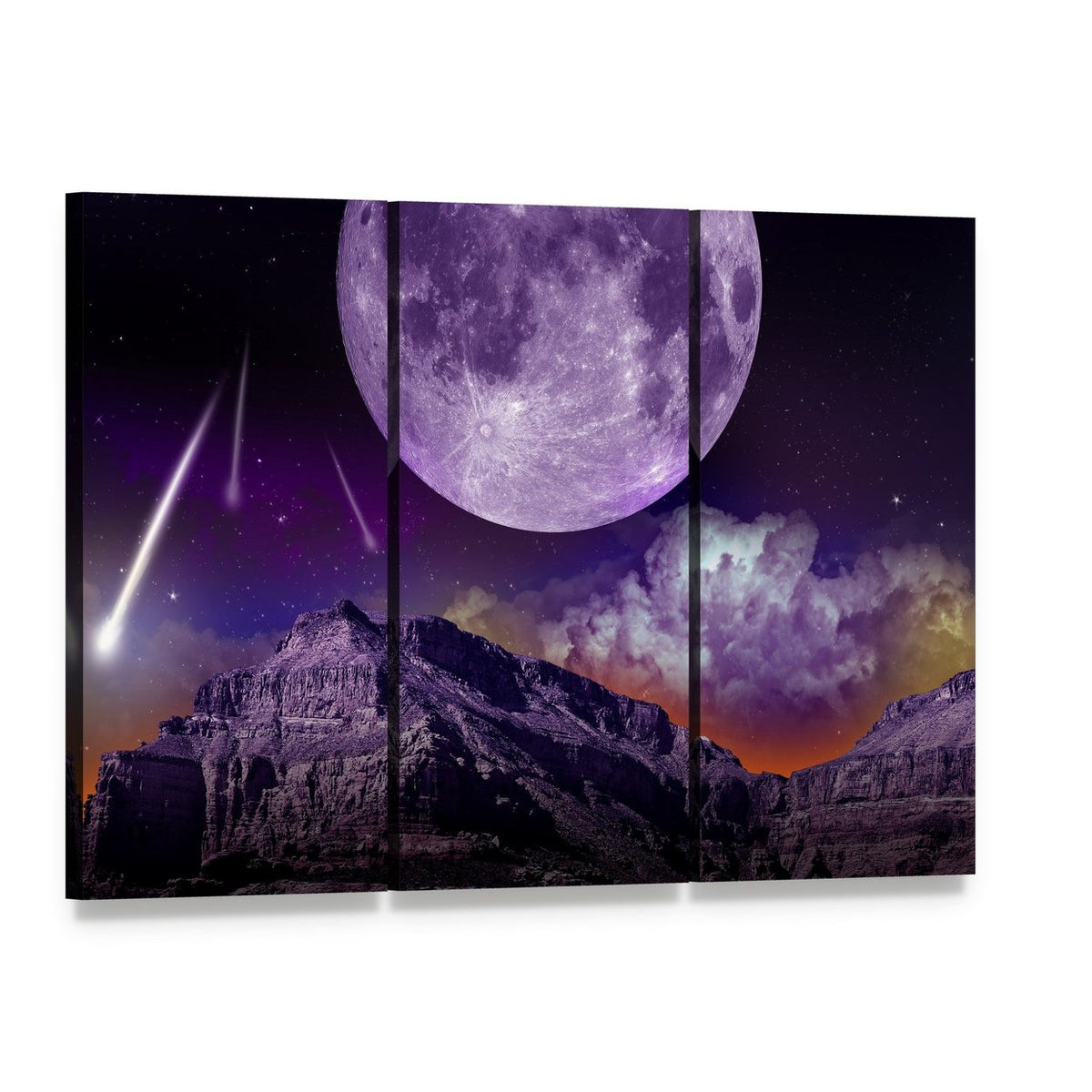 Purple Moon Over Mountain Night Sky Canvas Wall Art, 3 panel 3 Horizontal layout gallery wrapped canvas set, angled product view