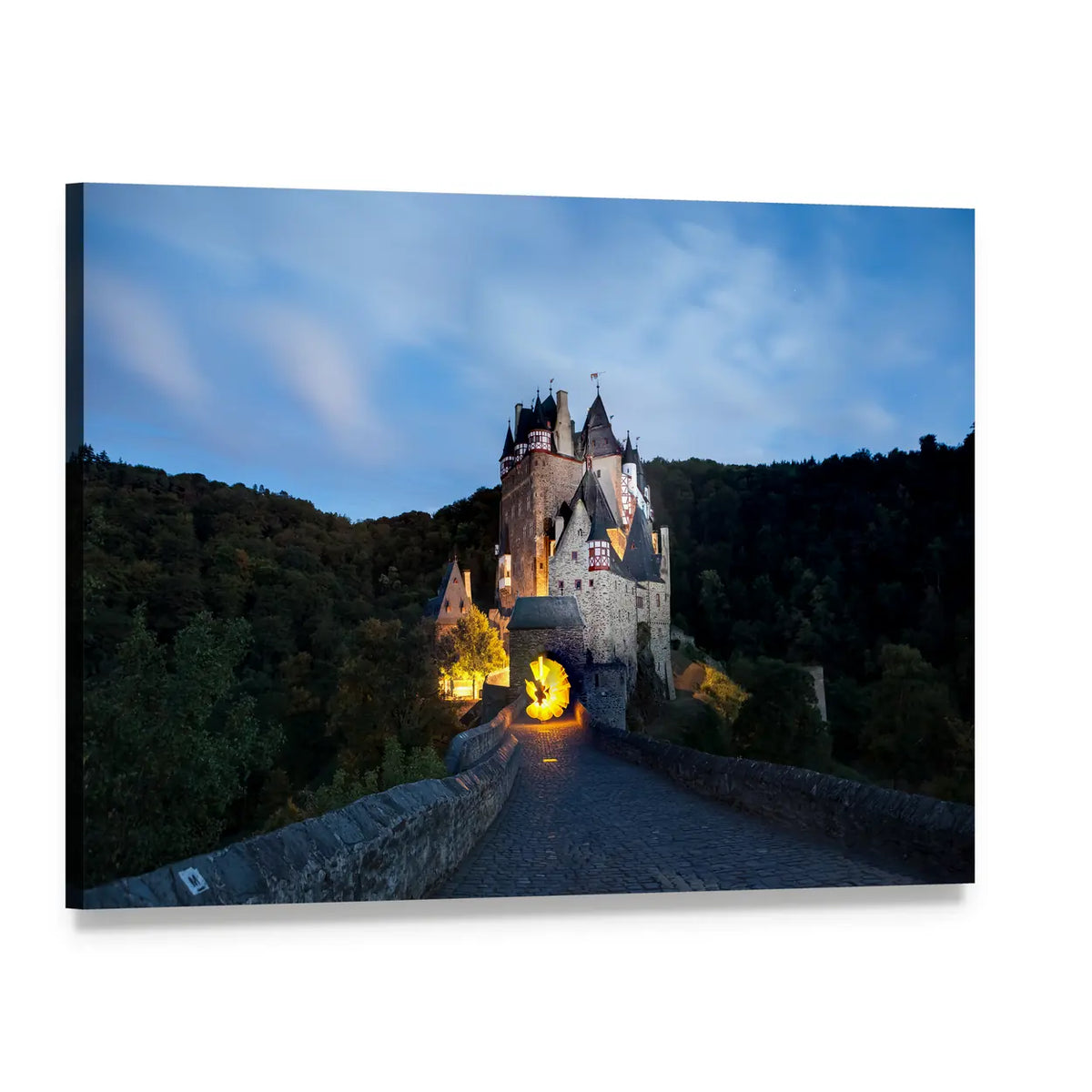 Eltz Castle Illuminated at Dusk Canvas Wall Art, single panel gallery wrapped canvas, angled product view