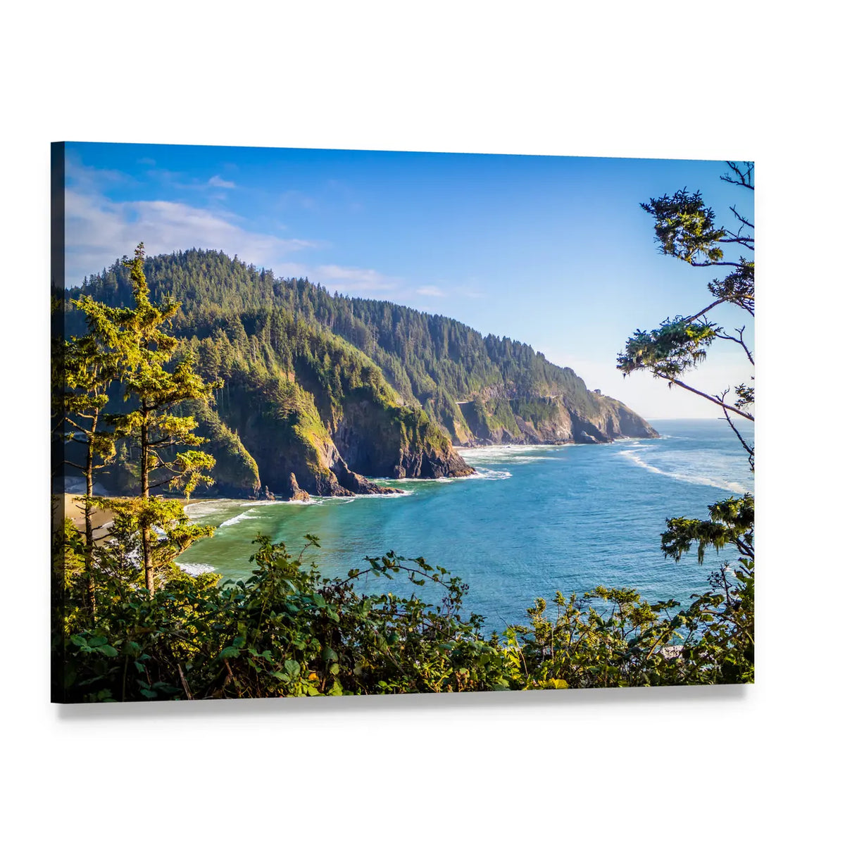 Heceta Head Lighthouse Coastal Cliffs Canvas Wall Art, single panel gallery wrapped canvas, angled product view