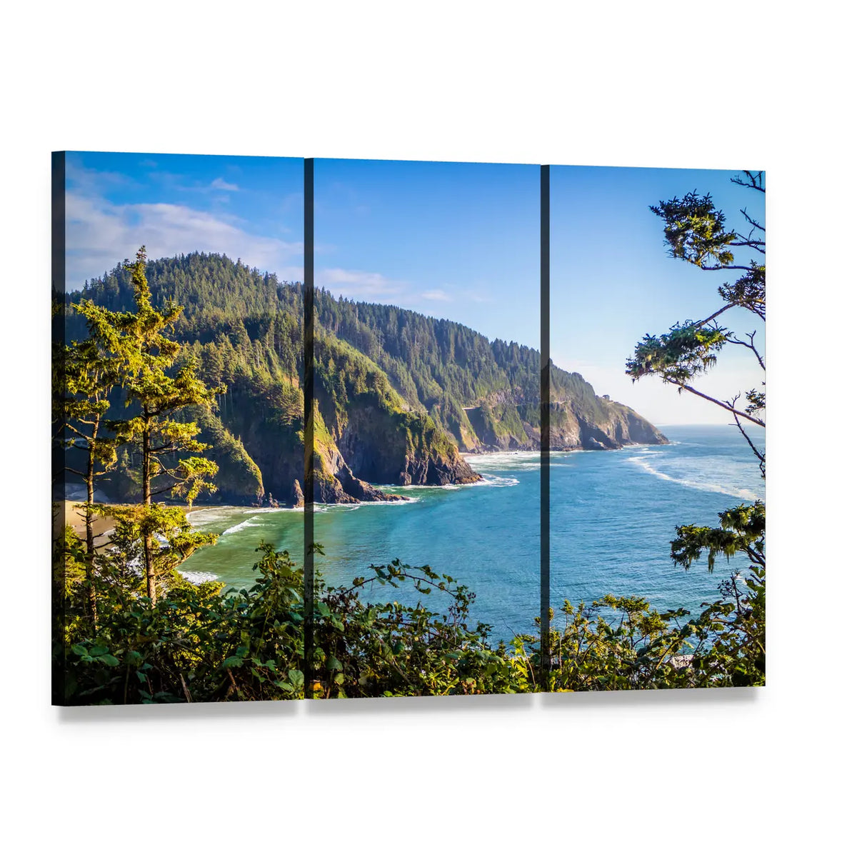 Heceta Head Lighthouse Coastal Cliffs Canvas Wall Art, 3 panel 3 Horizontal layout gallery wrapped canvas set, angled product view