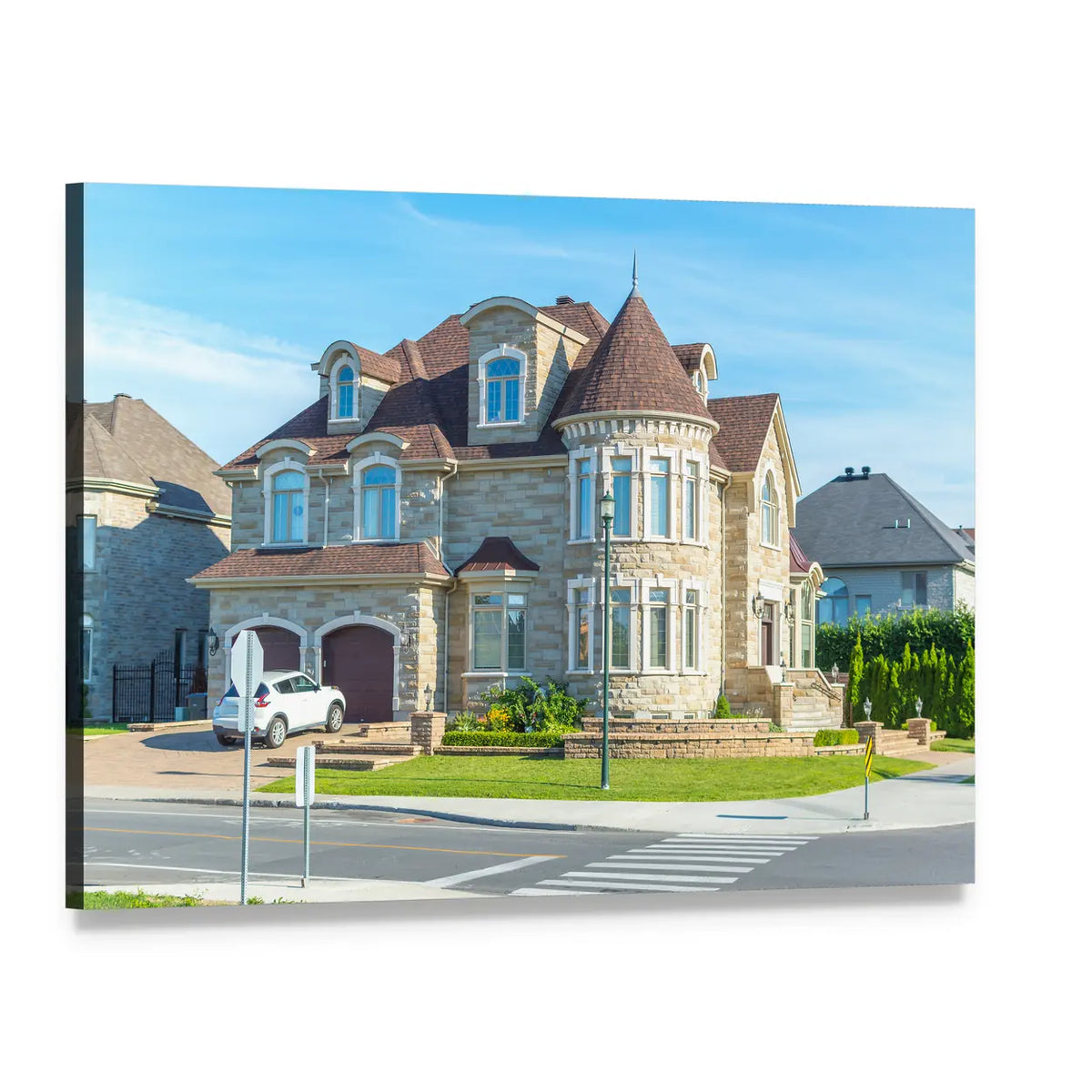 Montreal House with Turret and Stone Facade Canvas Wall Art, single panel gallery wrapped canvas, angled product view