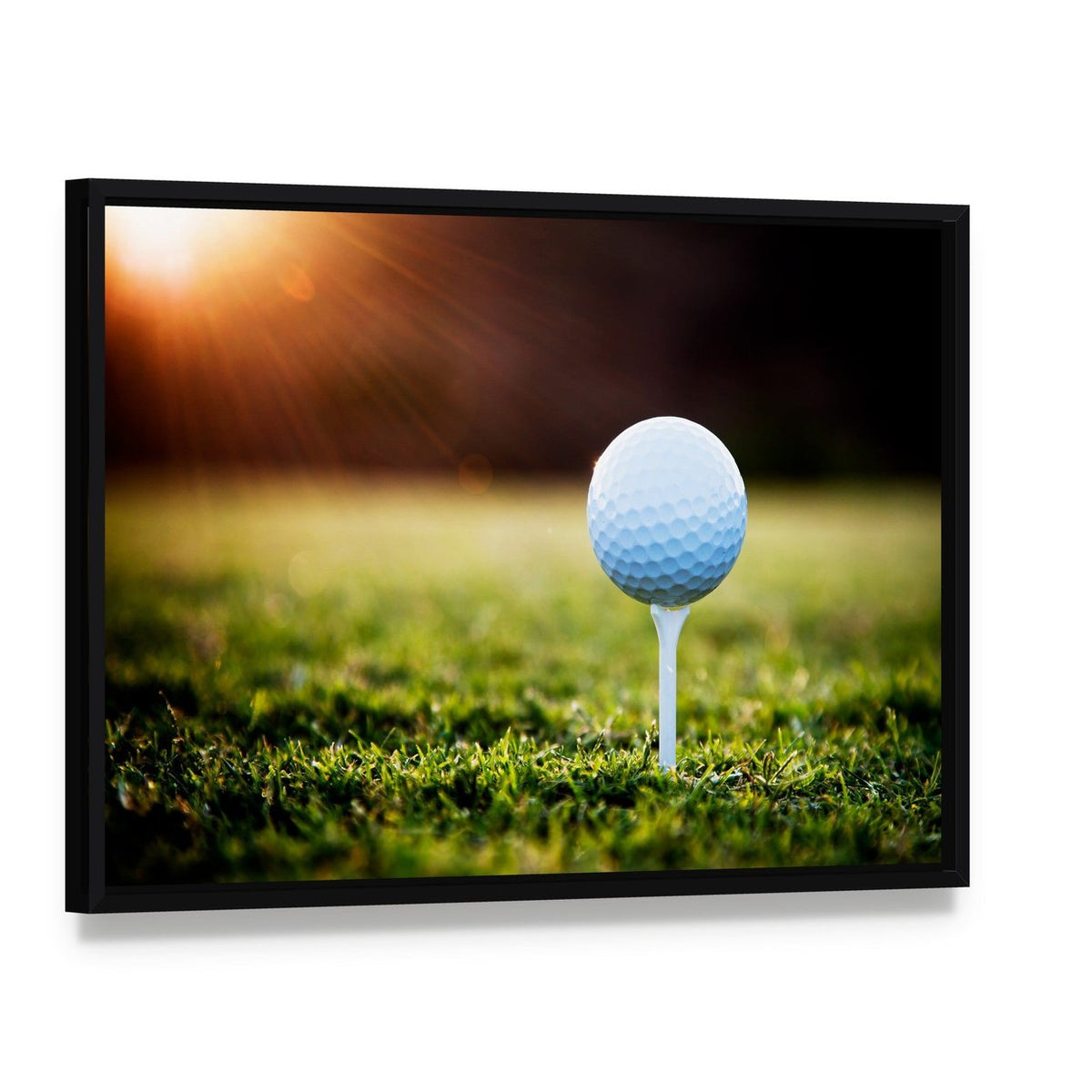 Golf Ball on Tee Canvas Wall Art, framed canvas in a black floater frame, angled product view