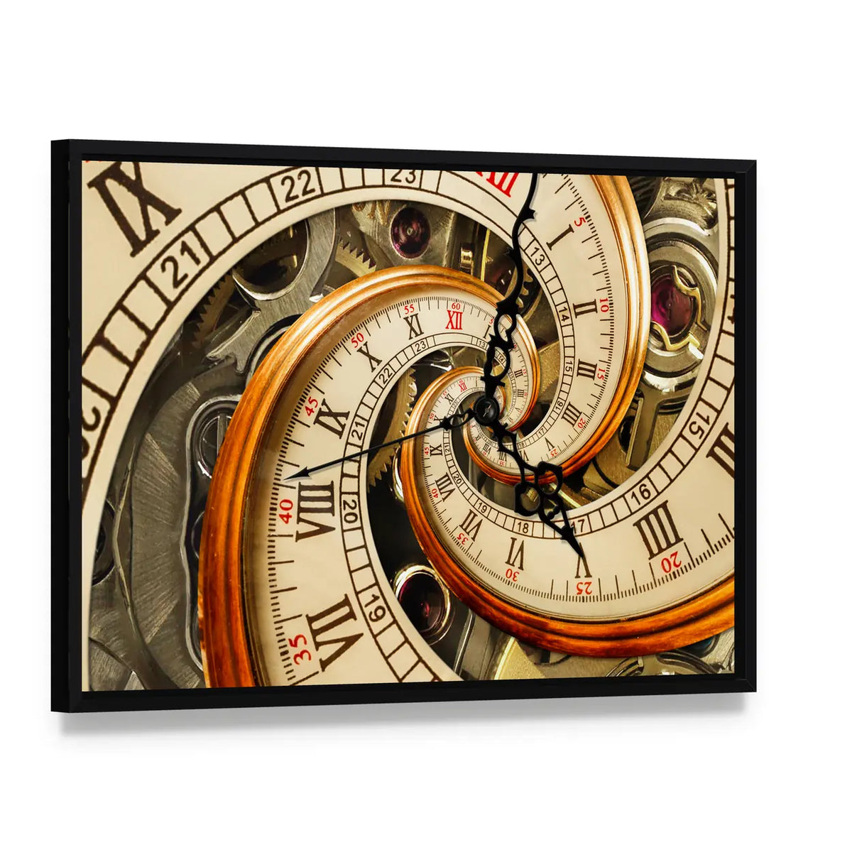 Surreal Antique Old Clock Abstract Canvas Wall Art, framed canvas in a black floater frame, angled product view