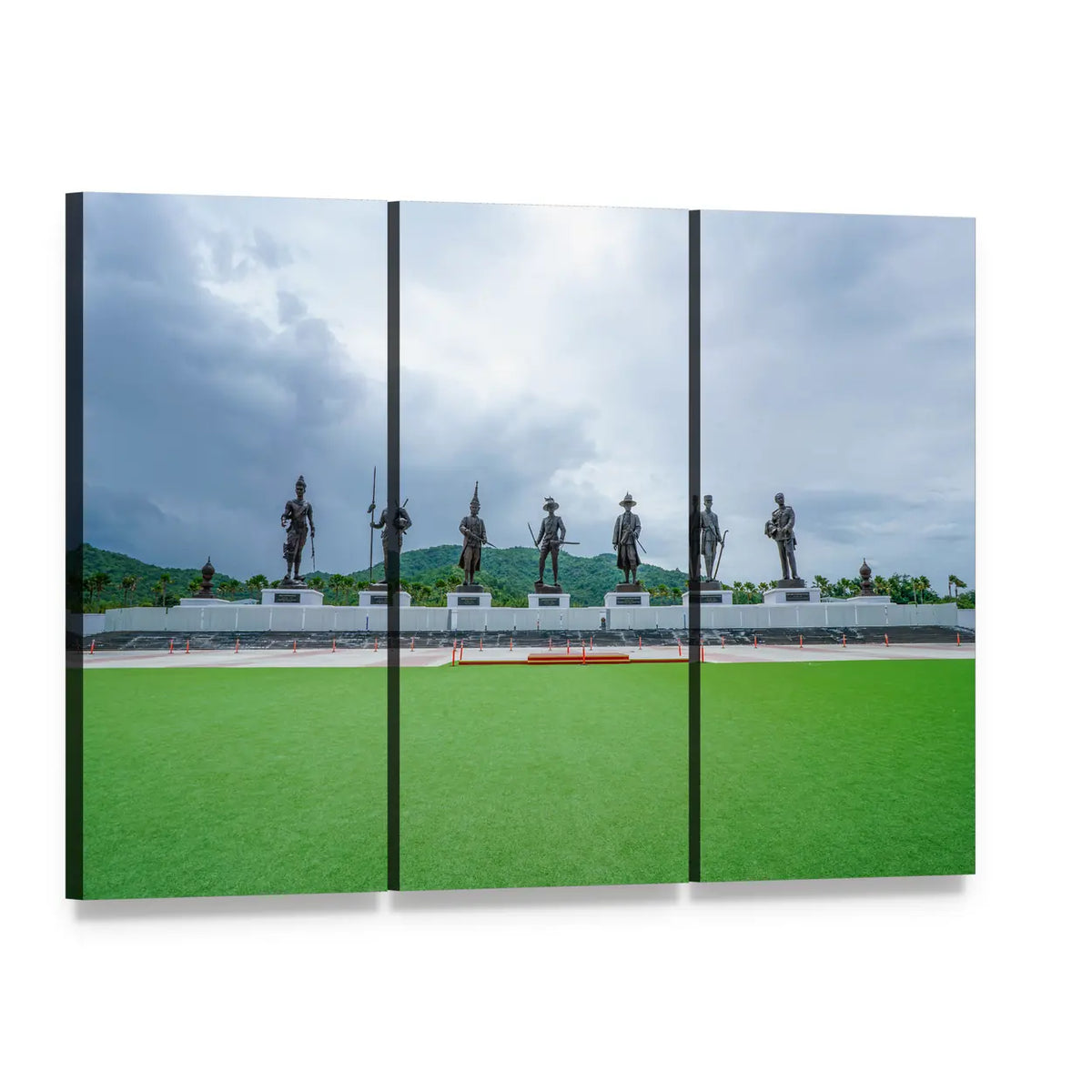 Seven Kings Statues at Rajaphak Park Canvas Wall Art, 3 panel 3 Horizontal layout gallery wrapped canvas set, angled product view