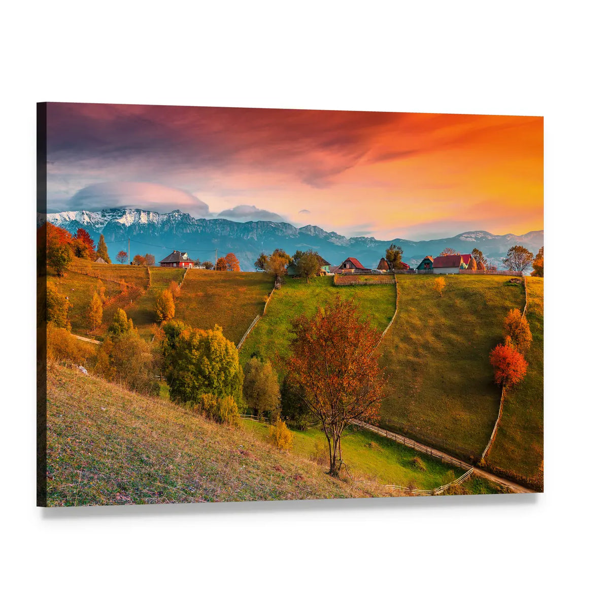 Autumn Alpine Landscape Romania Canvas Wall Art, single panel gallery wrapped canvas, angled product view