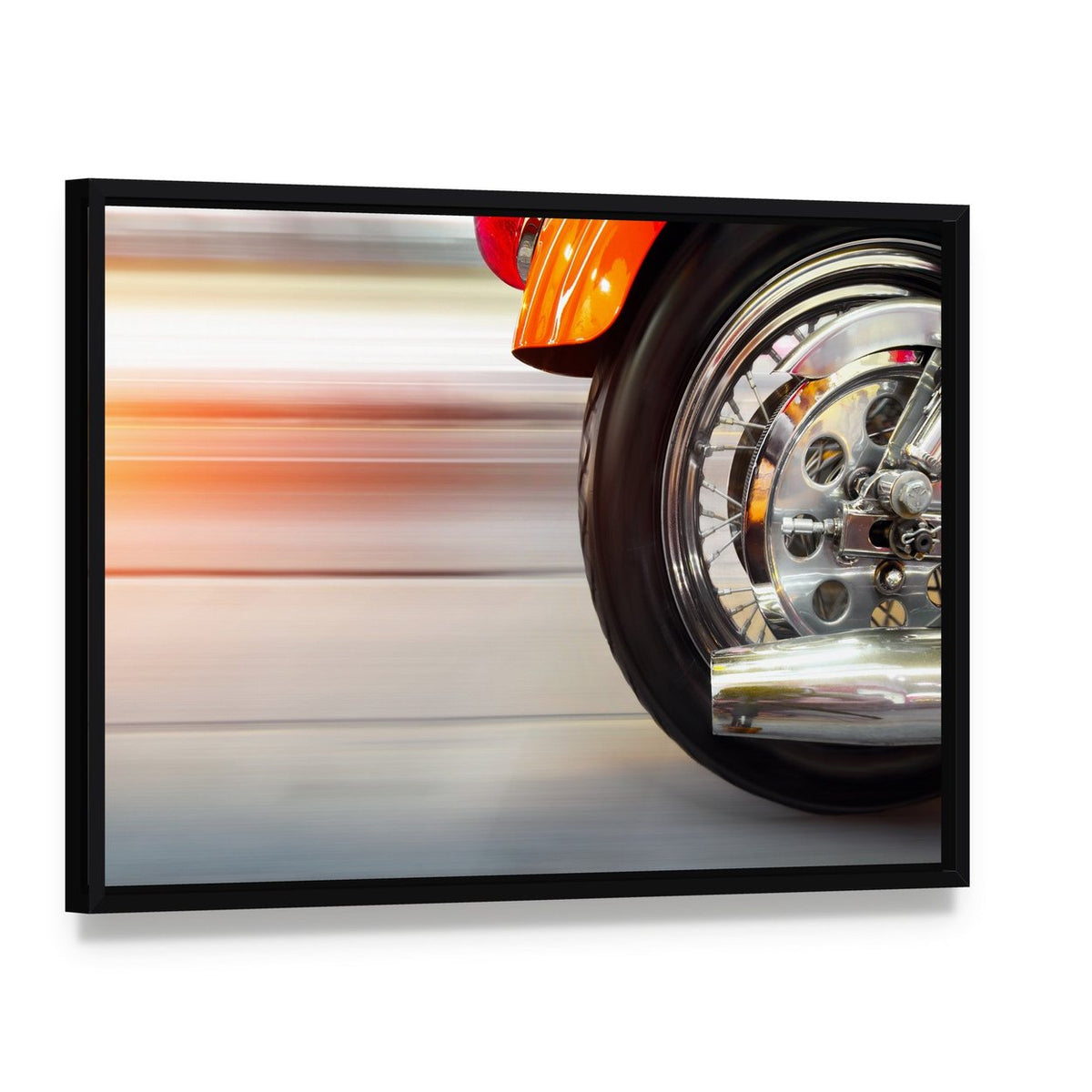 Luxury Motorcycle with Blurry Asphalt Road Canvas Wall Art, framed canvas in a black floater frame, angled product view