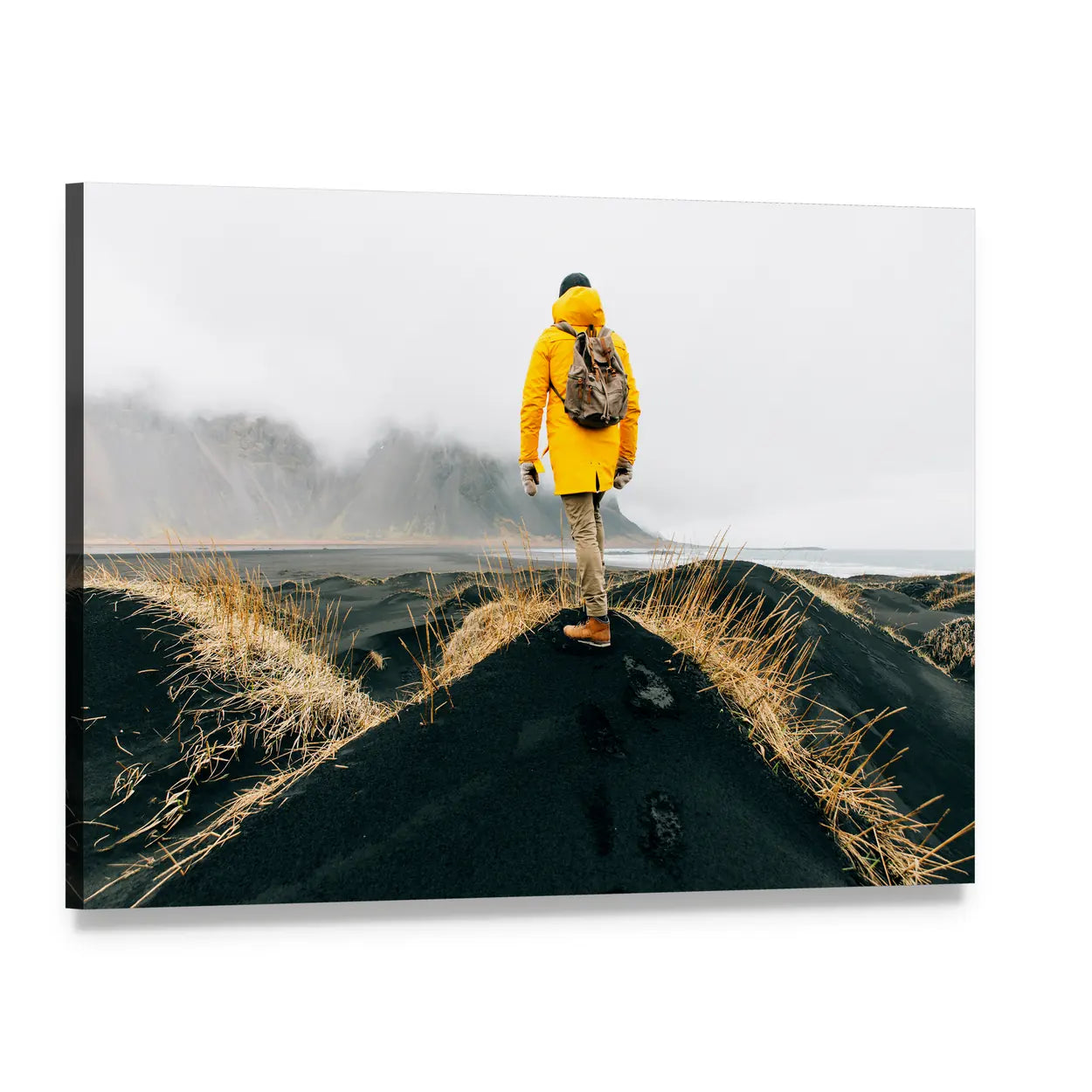 Hiker on Iceland Black Sand Dunes Canvas Wall Art, single panel gallery wrapped canvas, angled product view