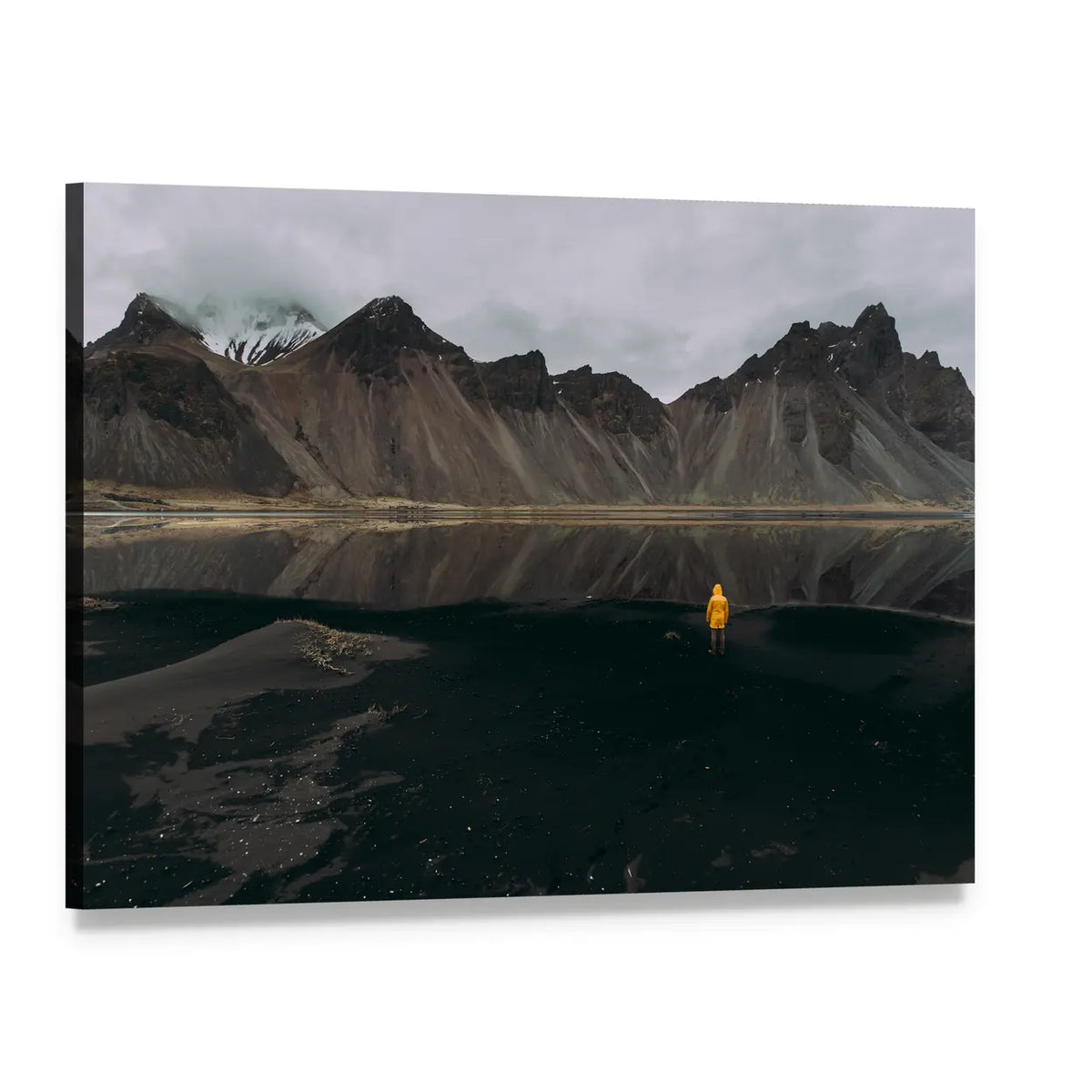 Lone Explorer in Yellow Jacket, Iceland Canvas Wall Art, single panel gallery wrapped canvas, angled product view
