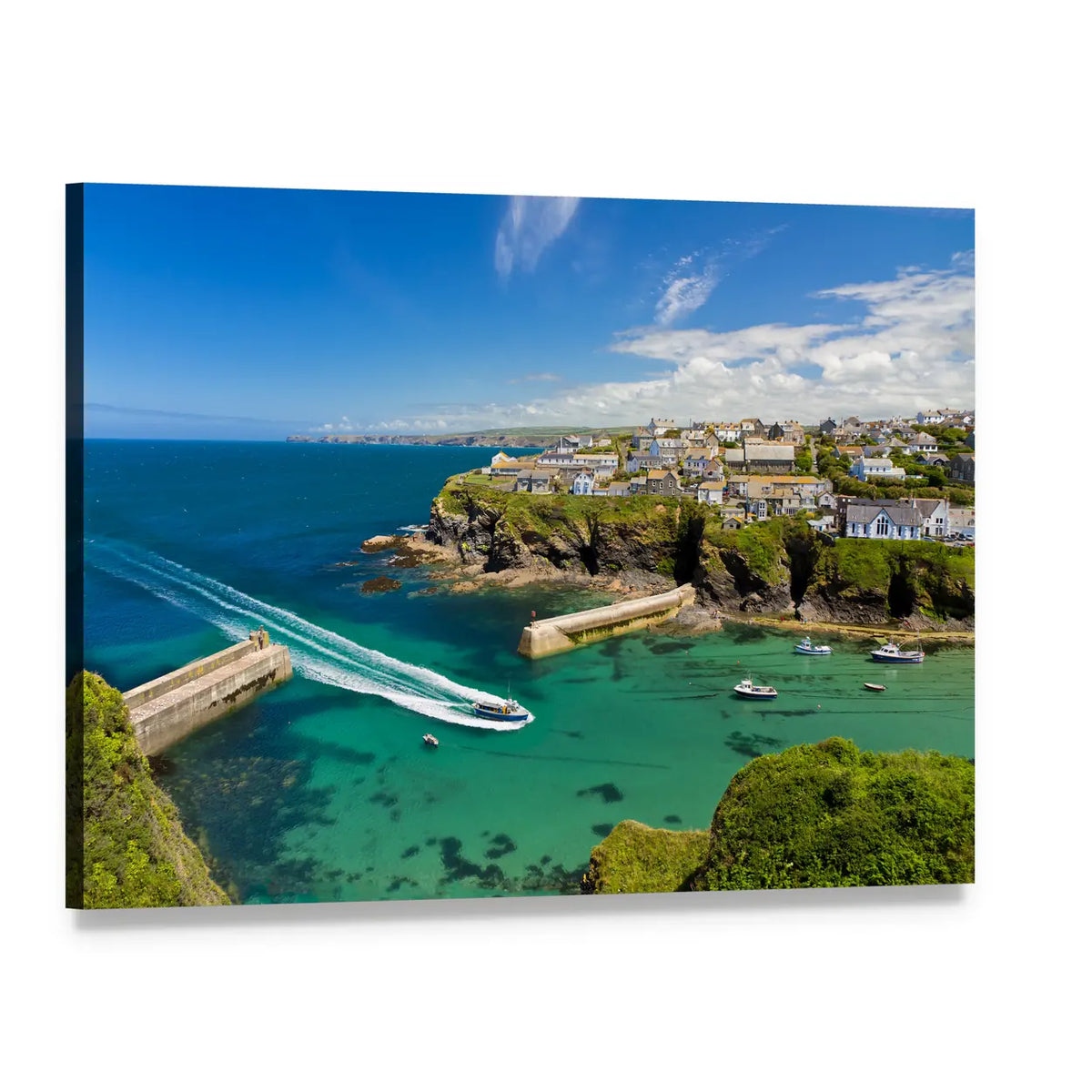 Port Isaac Harbor Canvas Wall Art, single panel gallery wrapped canvas, angled product view
