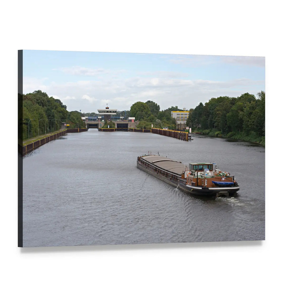 Barge Moving in Canal Canvas Wall Art, single panel gallery wrapped canvas, angled product view