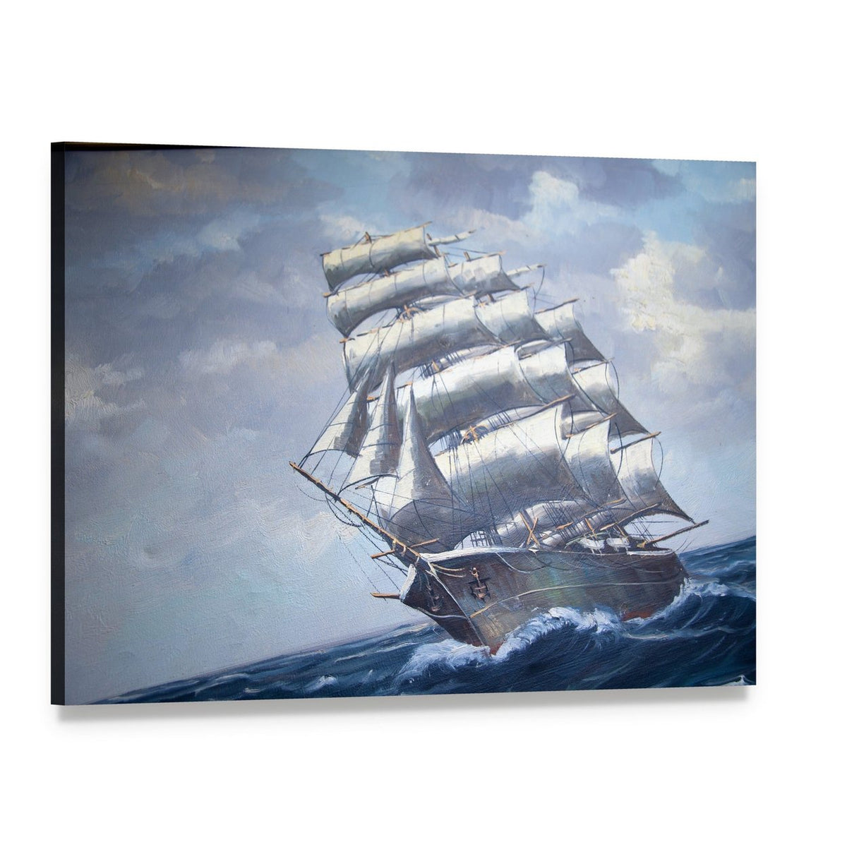 Fully Rigged Tall Ship in Stormy Seas Canvas Wall Art, single panel gallery wrapped canvas, angled product view