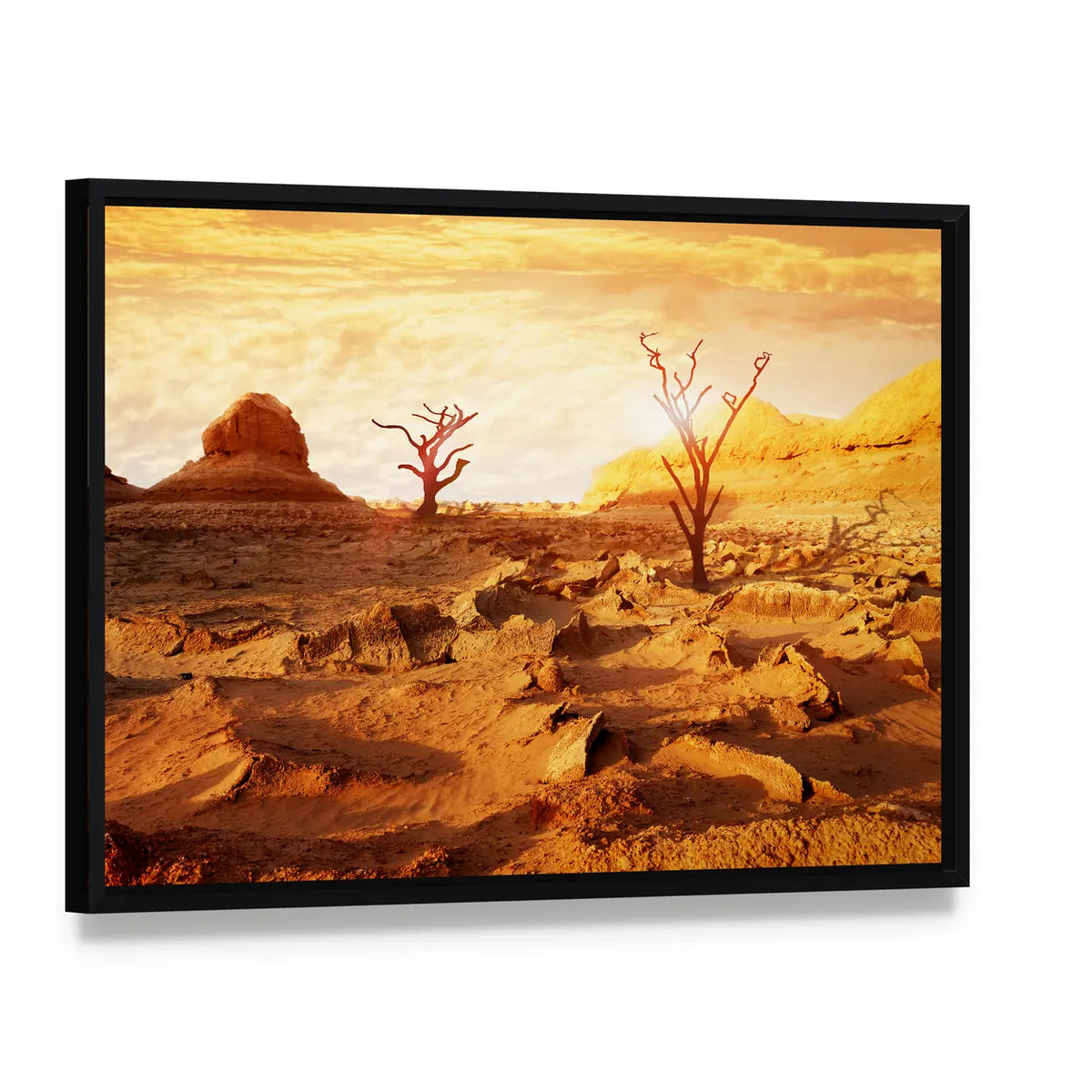 Sunset Over Dry Desert Canvas Wall Art, framed canvas in a black floater frame, angled product view