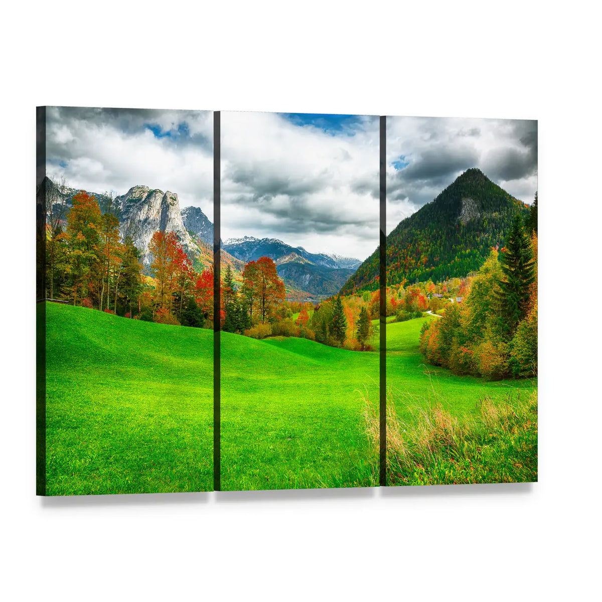 Alpine Meadows Austria Canvas Wall Art, 3 panel 3 Horizontal layout gallery wrapped canvas set, angled product view