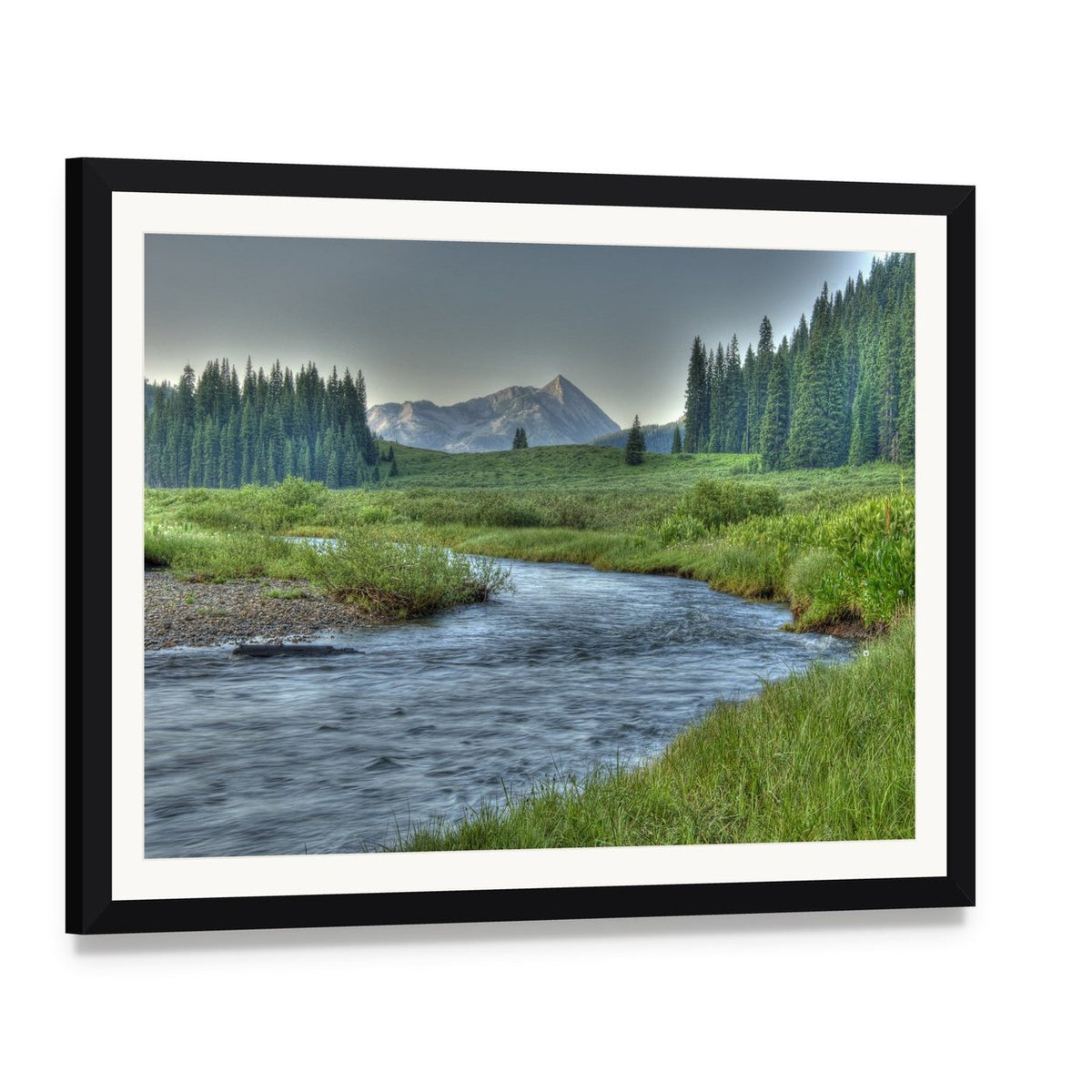 Mountain Stream in Summer Canvas Wall Art, framed print with white mat and black frame, angled product view