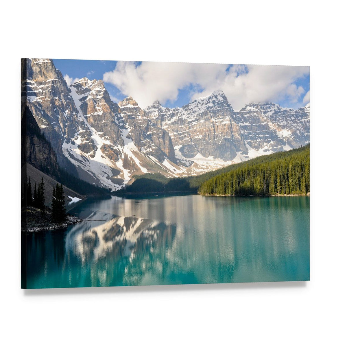 Moraine Lake and Rocky Mountains in Canada Canvas Wall Art, single panel gallery wrapped canvas, angled product view