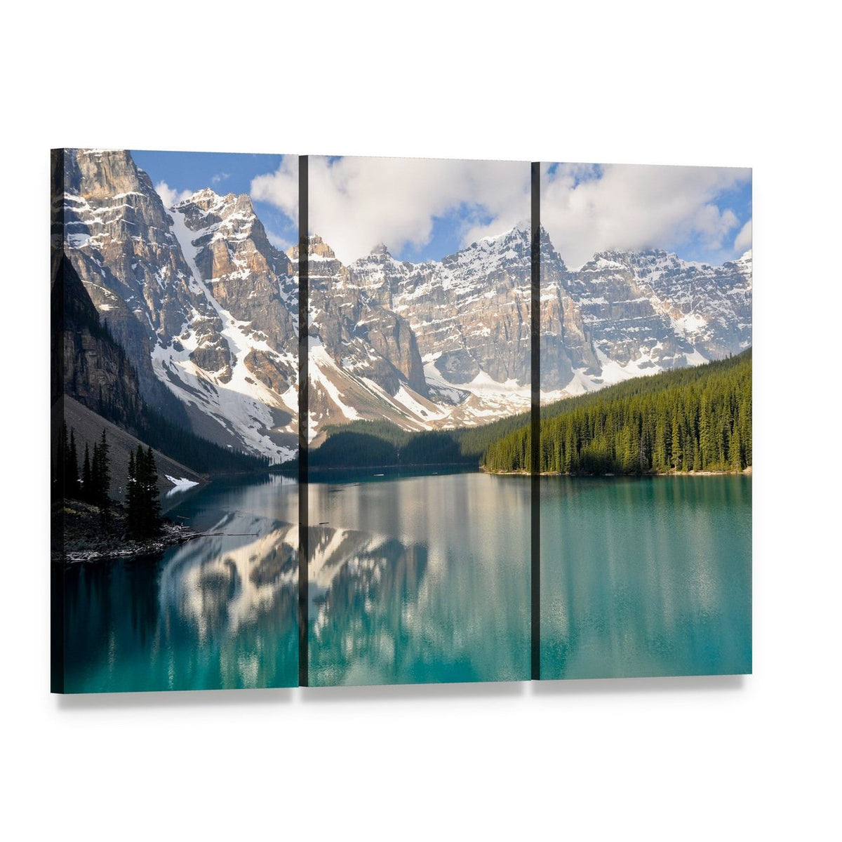 Moraine Lake and Rocky Mountains in Canada Canvas Wall Art, 3 panel 3 Horizontal layout gallery wrapped canvas set, angled product view