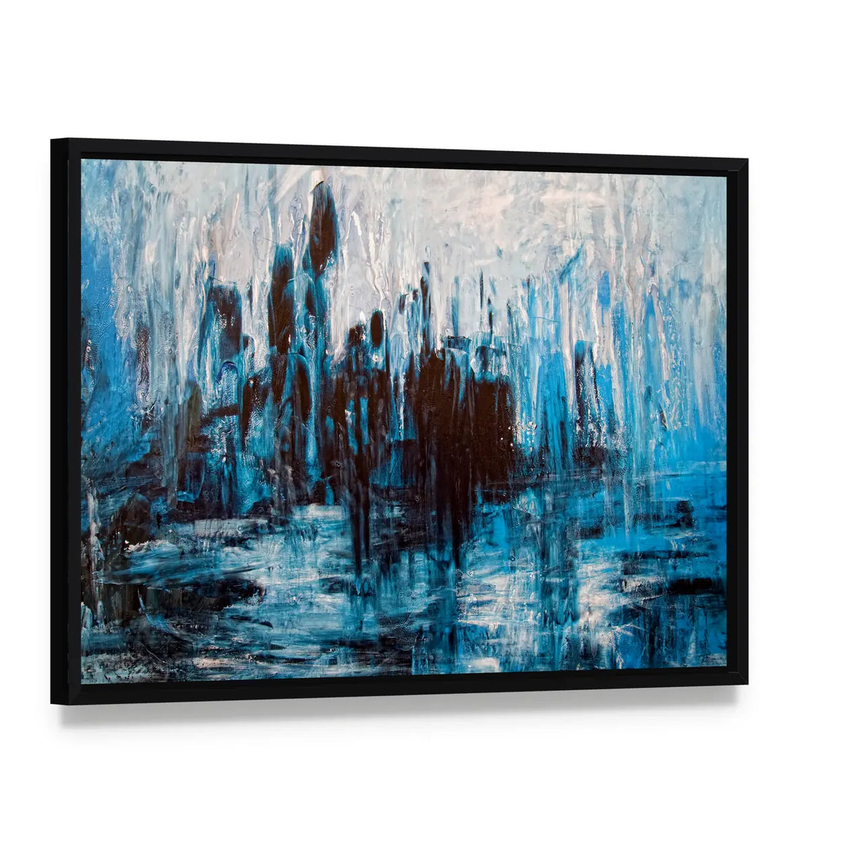 Messy Grunge Abstract Canvas Wall Art, framed canvas in a black floater frame, angled product view