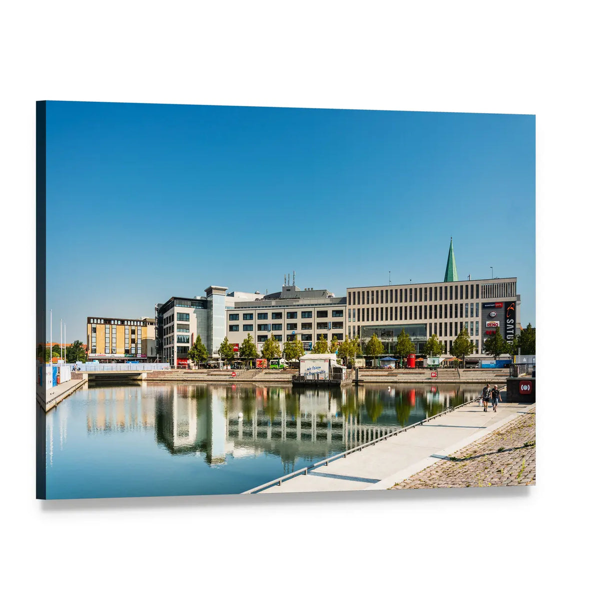 Kiel Harbour Street View with Green Spire Canvas Wall Art, single panel gallery wrapped canvas, angled product view