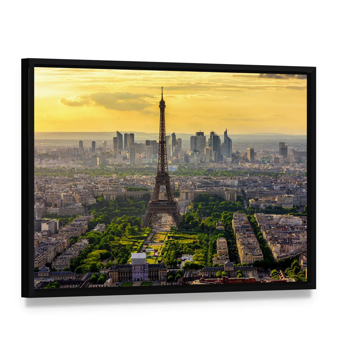 Eiffel Tower at Sunset, Paris Skyline Canvas Wall Art, framed canvas in a black floater frame, angled product view