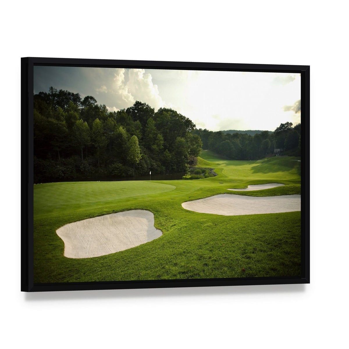 Golf Course Canvas Wall Art, framed canvas in a black floater frame, angled product view