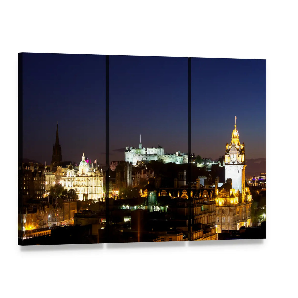 Edinburgh Castle from Calton Hill at Night Canvas Wall Art, 3 panel 3 Horizontal layout gallery wrapped canvas set, angled product view