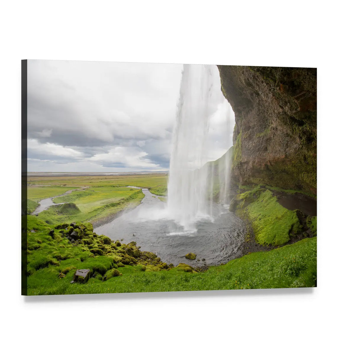 River Spring Waterfall Between Mountains Canvas Wall Art, single panel gallery wrapped canvas, angled product view