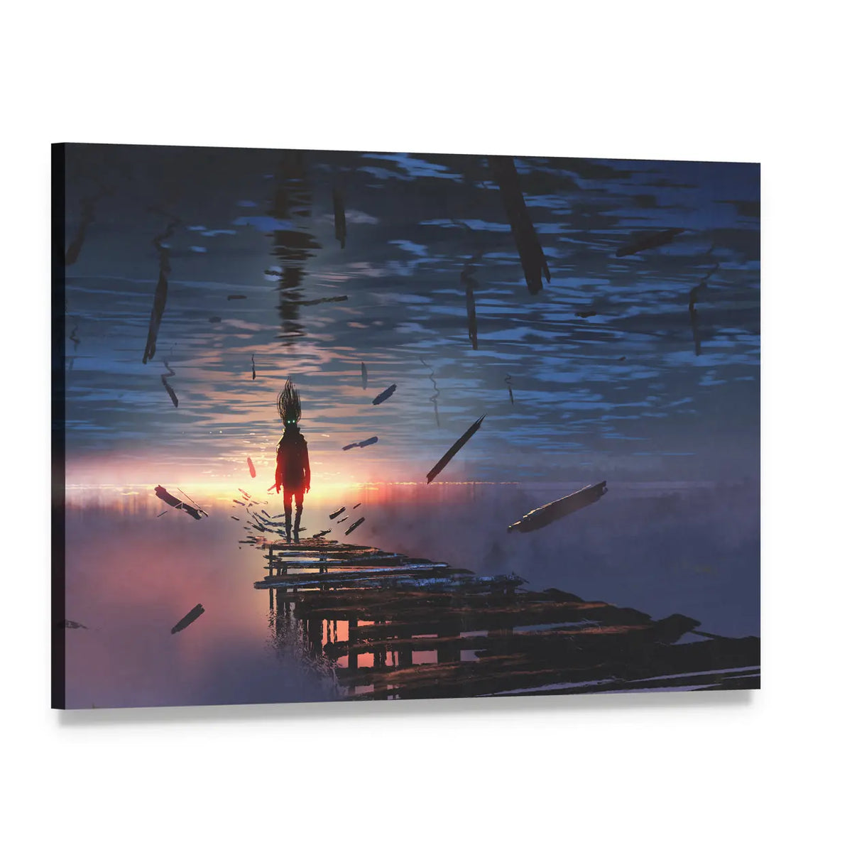 Hooded Figure on Broken Bridge Canvas Wall Art, single panel gallery wrapped canvas, angled product view