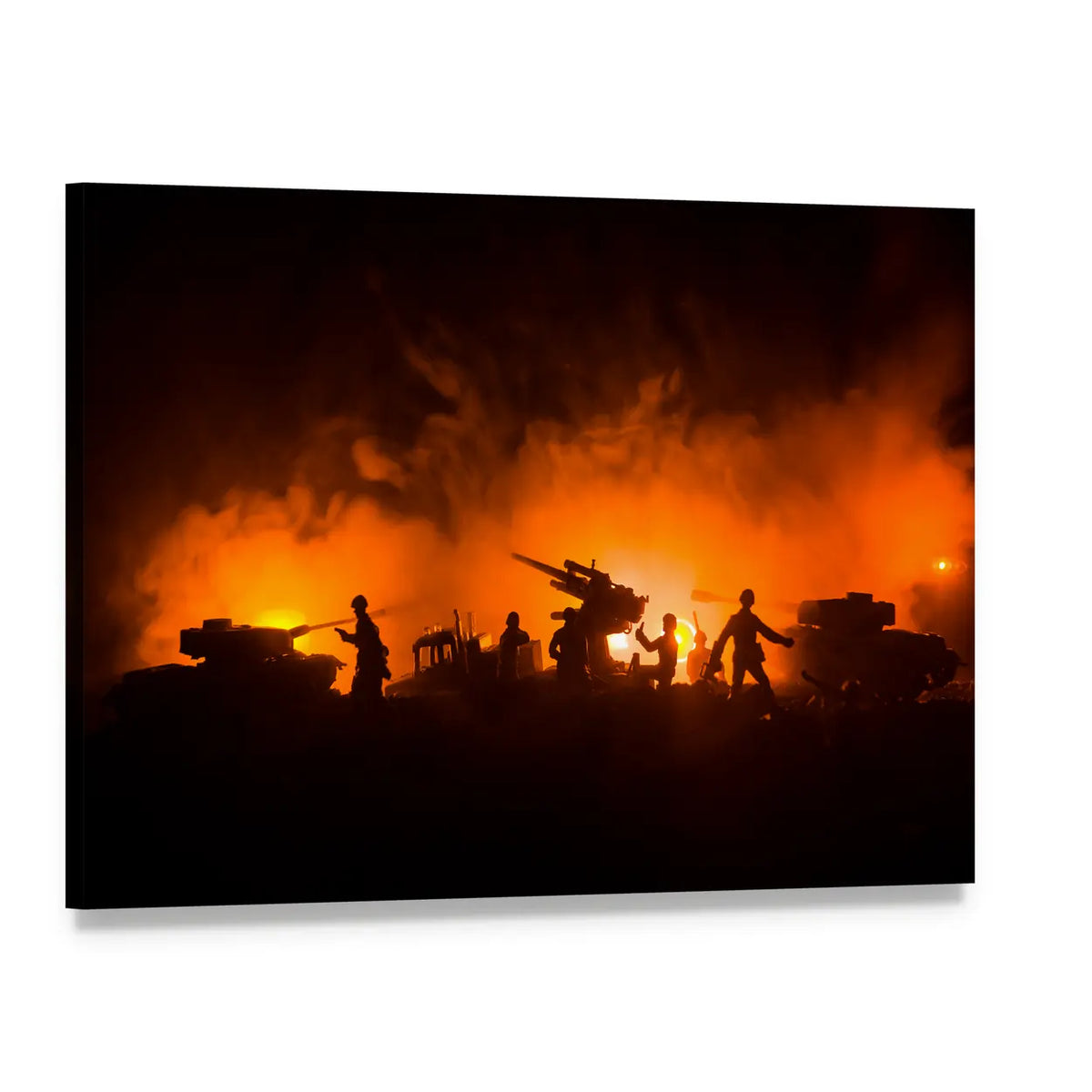 Soldier Silhouettes with Tanks and Anti-aircraft Canvas Wall Art, single panel gallery wrapped canvas, angled product view